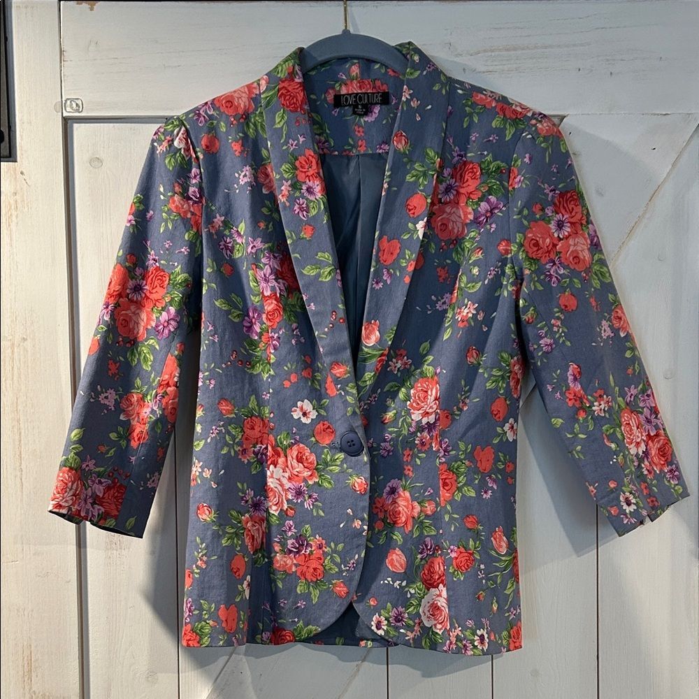 Love Culture Blue Floral Blazer with Red & Pink Roses